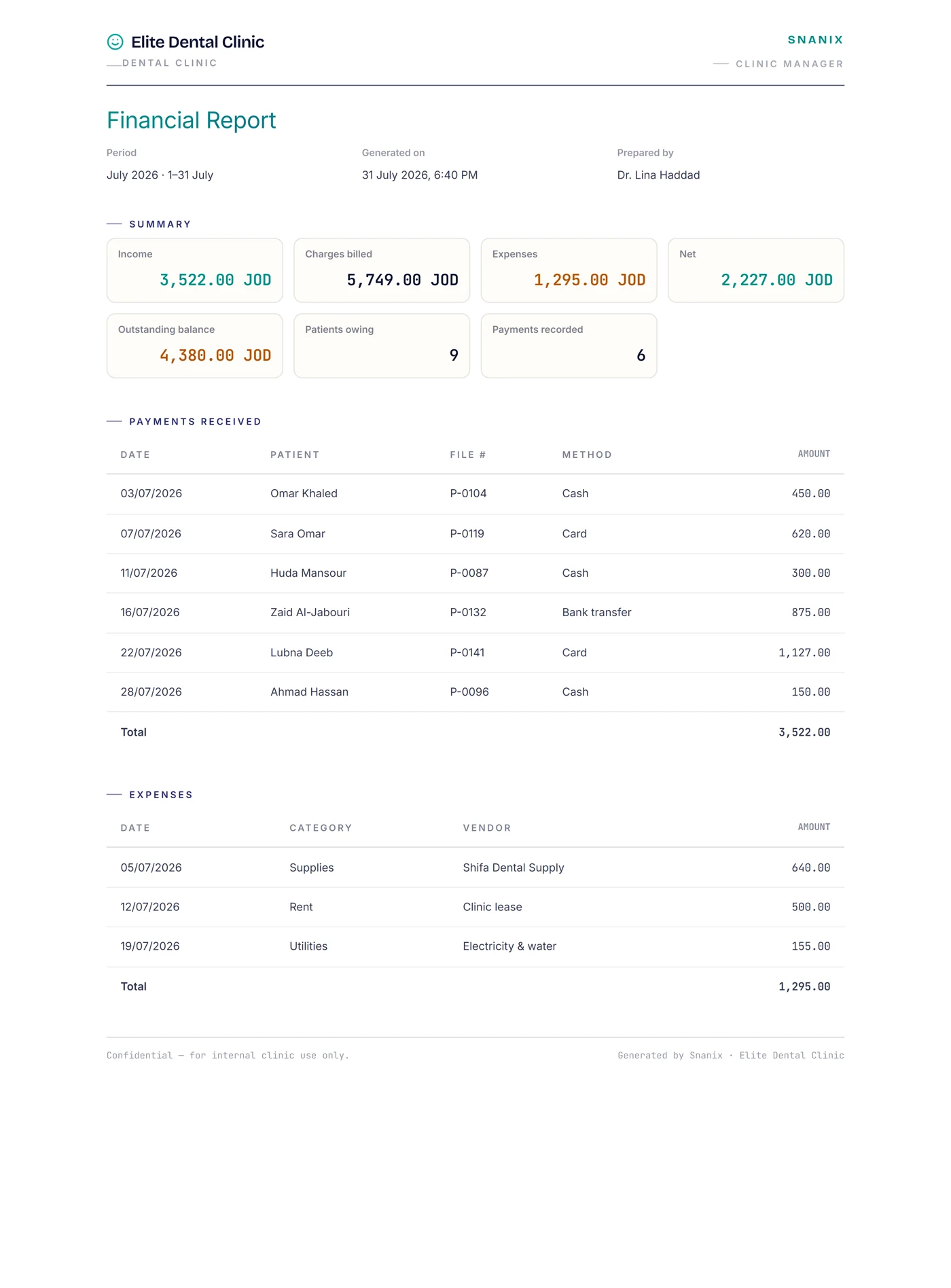 A Snanix financial report — summary, payments and expenses with totals